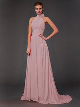 Charming Halter Sleeveless Hand-Made Flower Long Chiffon Bridesmaid Dresses-Ballbella