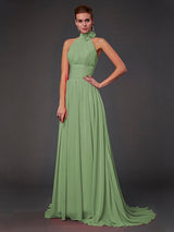 Charming Halter Sleeveless Hand-Made Flower Long Chiffon Bridesmaid Dresses-Ballbella