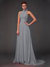 Charming Halter Sleeveless Hand-Made Flower Long Chiffon Bridesmaid Dresses-Ballbella