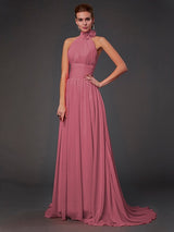 Charming Halter Sleeveless Hand-Made Flower Long Chiffon Bridesmaid Dresses-Ballbella