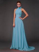 Charming Halter Sleeveless Hand-Made Flower Long Chiffon Bridesmaid Dresses-Ballbella
