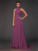Charming Halter Sleeveless Hand-Made Flower Long Chiffon Bridesmaid Dresses-Ballbella