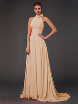 Charming Halter Sleeveless Hand-Made Flower Long Chiffon Bridesmaid Dresses-Ballbella
