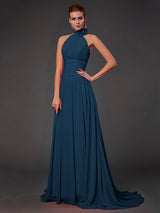 Charming Halter Sleeveless Hand-Made Flower Long Chiffon Bridesmaid Dresses-Ballbella