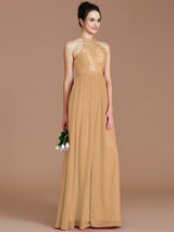 Charming Halter Sleeveless Lace Chiffon Bridesmaid Dresses-Ballbella