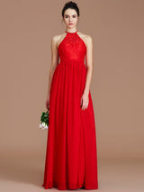 Charming Halter Sleeveless Lace Chiffon Bridesmaid Dresses-Ballbella