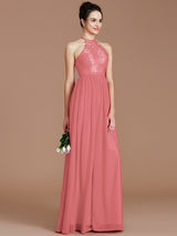 Charming Halter Sleeveless Lace Chiffon Bridesmaid Dresses-Ballbella