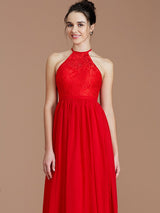 Charming Halter Sleeveless Lace Chiffon Bridesmaid Dresses-Ballbella