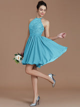 Charming Halter Sleeveless Lace Short/Mini Chiffon Bridesmaid Dresses-Ballbella