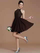 Charming Halter Sleeveless Lace Short/Mini Chiffon Bridesmaid Dresses-Ballbella
