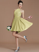 Charming Halter Sleeveless Lace Short/Mini Chiffon Bridesmaid Dresses-Ballbella