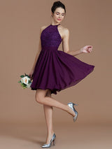 Charming Halter Sleeveless Lace Short/Mini Chiffon Bridesmaid Dresses-Ballbella