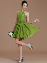 Charming Halter Sleeveless Lace Short/Mini Chiffon Bridesmaid Dresses-Ballbella