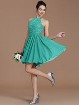 Charming Halter Sleeveless Lace Short/Mini Chiffon Bridesmaid Dresses-Ballbella