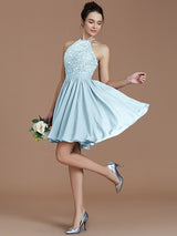 Charming Halter Sleeveless Lace Short/Mini Chiffon Bridesmaid Dresses-Ballbella