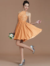 Charming Halter Sleeveless Lace Short/Mini Chiffon Bridesmaid Dresses-Ballbella