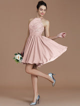 Charming Halter Sleeveless Lace Short/Mini Chiffon Bridesmaid Dresses-Ballbella