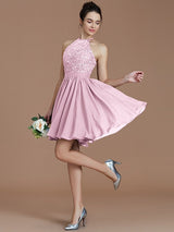 Charming Halter Sleeveless Lace Short/Mini Chiffon Bridesmaid Dresses-Ballbella