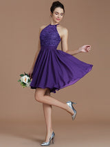 Charming Halter Sleeveless Lace Short/Mini Chiffon Bridesmaid Dresses-Ballbella