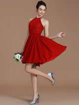 Charming Halter Sleeveless Lace Short/Mini Chiffon Bridesmaid Dresses-Ballbella