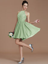Charming Halter Sleeveless Lace Short/Mini Chiffon Bridesmaid Dresses-Ballbella