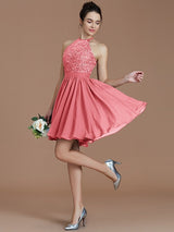 Charming Halter Sleeveless Lace Short/Mini Chiffon Bridesmaid Dresses-Ballbella