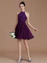 Charming Halter Sleeveless Lace Short/Mini Chiffon Bridesmaid Dresses-Ballbella