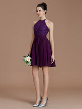 Charming Halter Sleeveless Lace Short/Mini Chiffon Bridesmaid Dresses-Ballbella
