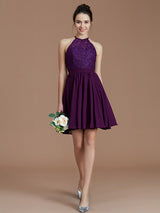 Charming Halter Sleeveless Lace Short/Mini Chiffon Bridesmaid Dresses-Ballbella