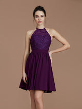 Charming Halter Sleeveless Lace Short/Mini Chiffon Bridesmaid Dresses-Ballbella