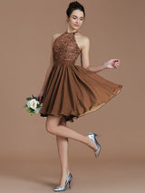 Charming Halter Sleeveless Lace Short/Mini Chiffon Bridesmaid Dresses-Ballbella