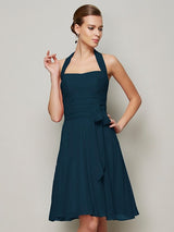 Charming Halter Sleeveless Pleats Bowknot Short Chiffon Bridesmaid Dresses-Ballbella