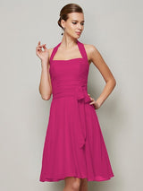Charming Halter Sleeveless Pleats Bowknot Short Chiffon Bridesmaid Dresses-Ballbella