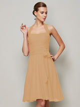 Charming Halter Sleeveless Pleats Bowknot Short Chiffon Bridesmaid Dresses-Ballbella