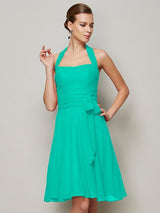 Charming Halter Sleeveless Pleats Bowknot Short Chiffon Bridesmaid Dresses-Ballbella