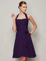 Charming Halter Sleeveless Pleats Bowknot Short Chiffon Bridesmaid Dresses-Ballbella