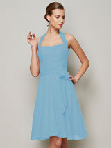 Charming Halter Sleeveless Pleats Bowknot Short Chiffon Bridesmaid Dresses-Ballbella