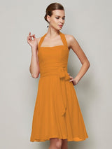 Charming Halter Sleeveless Pleats Bowknot Short Chiffon Bridesmaid Dresses-Ballbella