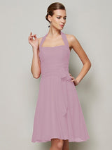Charming Halter Sleeveless Pleats Bowknot Short Chiffon Bridesmaid Dresses-Ballbella