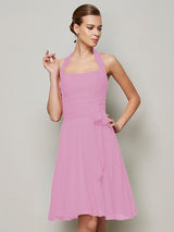 Charming Halter Sleeveless Pleats Bowknot Short Chiffon Bridesmaid Dresses-Ballbella