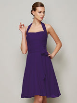 Charming Halter Sleeveless Pleats Bowknot Short Chiffon Bridesmaid Dresses-Ballbella