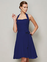 Charming Halter Sleeveless Pleats Bowknot Short Chiffon Bridesmaid Dresses-Ballbella