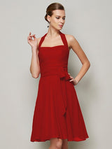 Charming Halter Sleeveless Pleats Bowknot Short Chiffon Bridesmaid Dresses-Ballbella