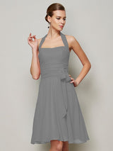 Charming Halter Sleeveless Pleats Bowknot Short Chiffon Bridesmaid Dresses-Ballbella