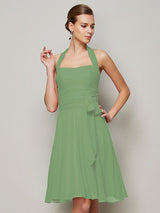 Charming Halter Sleeveless Pleats Bowknot Short Chiffon Bridesmaid Dresses-Ballbella