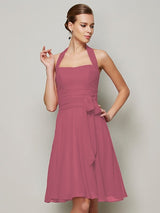 Charming Halter Sleeveless Pleats Bowknot Short Chiffon Bridesmaid Dresses-Ballbella