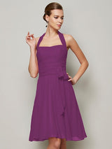 Charming Halter Sleeveless Pleats Bowknot Short Chiffon Bridesmaid Dresses-Ballbella