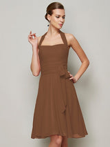 Charming Halter Sleeveless Pleats Bowknot Short Chiffon Bridesmaid Dresses-Ballbella