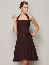 Charming Halter Sleeveless Pleats Bowknot Short Chiffon Bridesmaid Dresses-Ballbella