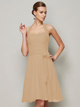 Charming Halter Sleeveless Pleats Bowknot Short Chiffon Bridesmaid Dresses-Ballbella
